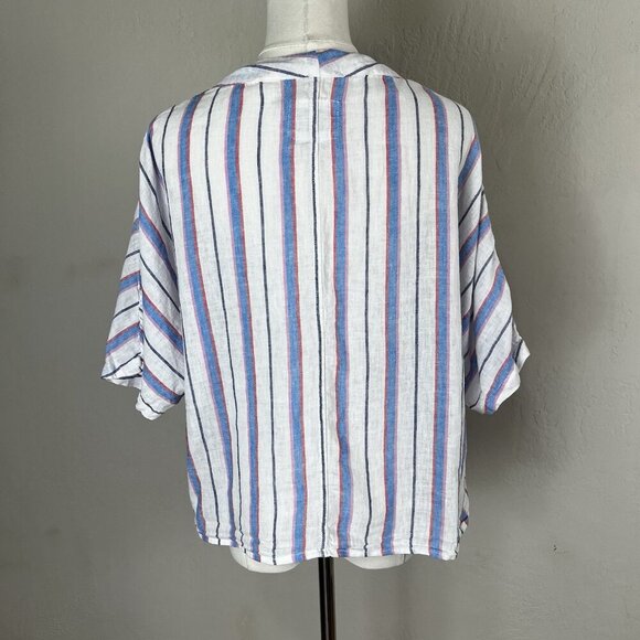 Rails Thea Tahiti Stripe Shirt White Blue V Neck Short Sleeve Tie Front Sz Large - Picture 6 of 11